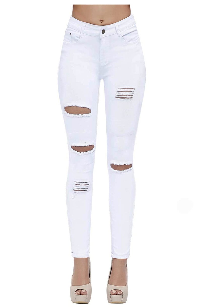 Skirt BL Women's High Waisted Stretch Ripped Skinny Jeans Juniors Destroyed Butt Lifting Denim Pants (White, US 6) - Image 2